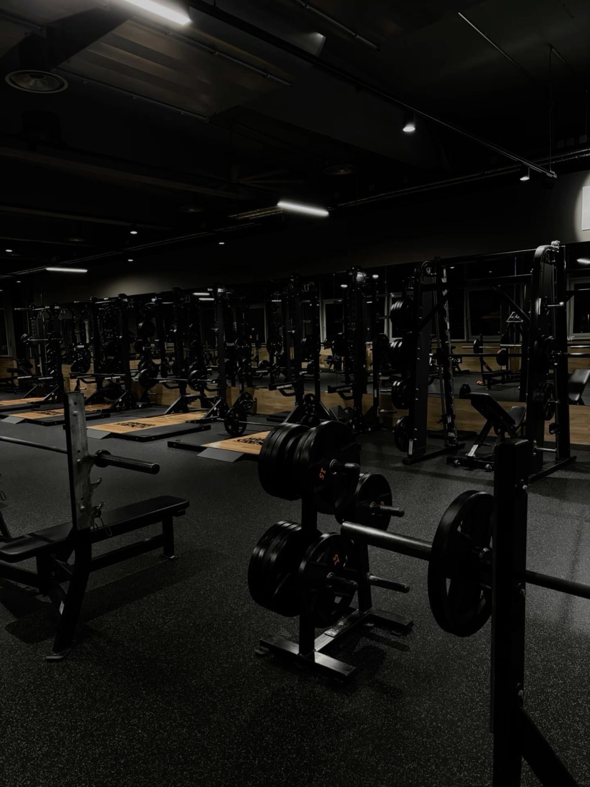 Gym floor with weight racks